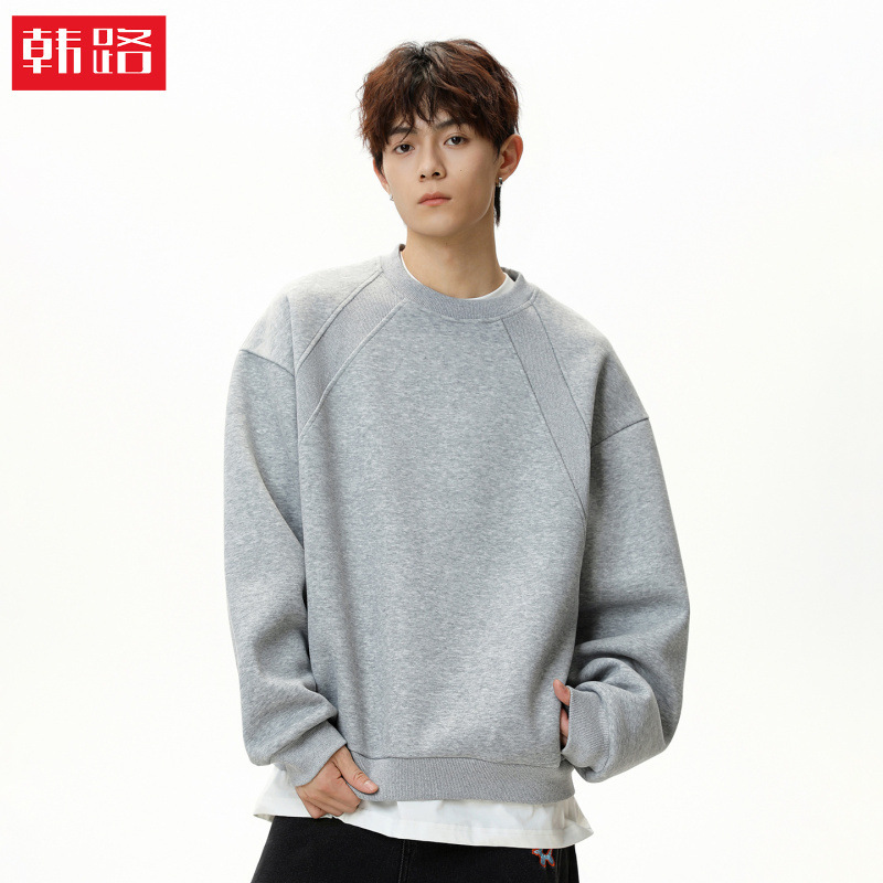 Heavyweight Space Cotton Crewneck Sweatshirt for Men, Patchwork Boxy Fit, American Retro Casual Pullover Jacket Heavyweight Space Cotton Crewneck Sweatshirt for Men, Patchwork Boxy Fit, American Retro Casual Pullover Jacket
