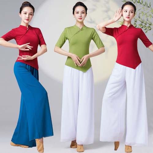 Classic dance attire: women's trendy cheongsam-style top with mandarin collar, paired with wide-leg, straight-cut pants featuring functional pockets.