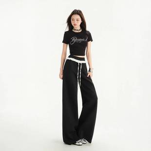 Batch of Summer Floral Edge Contrast Color Design Tight Waist Dape Sports Micro Loose Horn Casual Sweat Pants Women