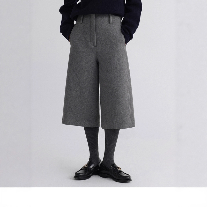 Old Money Style!'Winter Morning Mist' Thick Textured Woolen Cropped Wide-Leg Bootcut Pants for Women