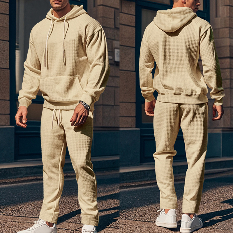 Men's Clothing heavy jacquard small square long sleeved trousers hooded suit _voghion.com