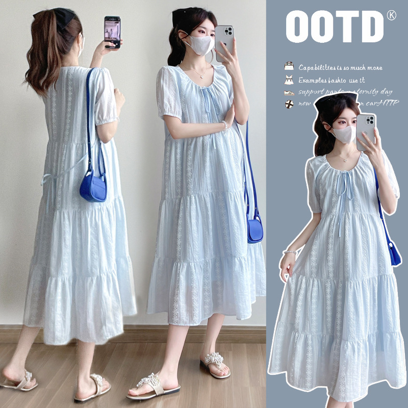 Pregnant Women's Skirt Summer Dress Fresh Thin Breathable Loose Slimming Over-the-knee Long Dress Summer plus size Belly Covering dress