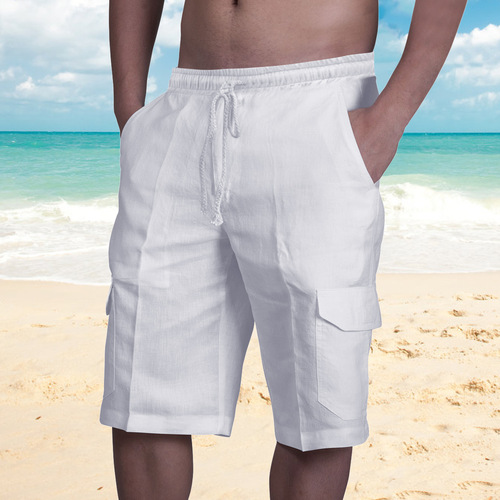 Europe and America Independence Station new style linen shorts, multi-bag tethered men's beach overalls