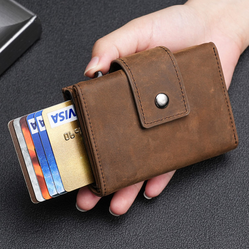 Crazy horse leather automatic pop-up metal box card holder men's genuine leather airtag locator wallet card holder card holder integrated