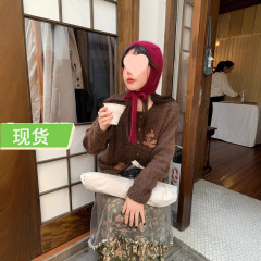 le rouge周美美 漫秋焦糖暖棕手工绣花圆领羊毛针织开衫