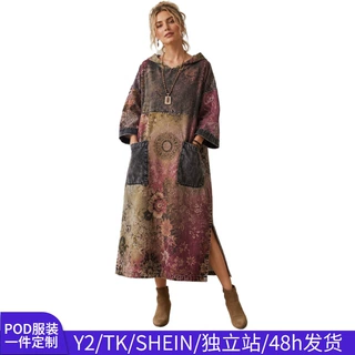 跨境欧美风宽松连帽复古花型仿牛仔长袖带口袋侧开叉休闲大码裙装