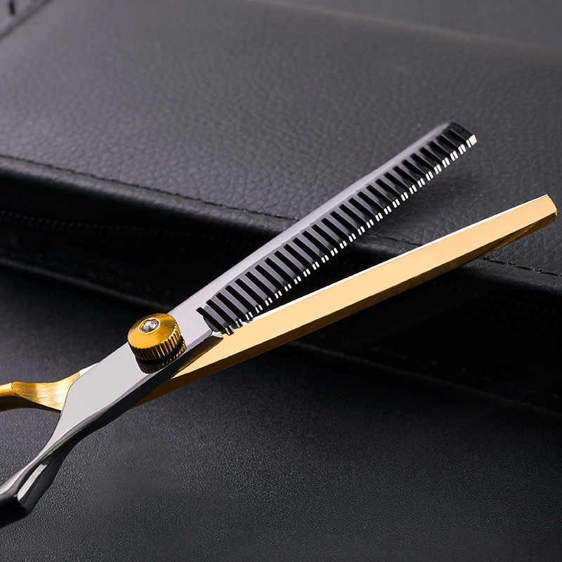 Forbici✂Forbici da parrucchiere a denti piatti in acciaio inossidabile nero e oro, set professionale per il taglio dei capelli_voghion.com