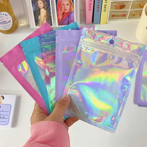 Laser colored ziplock bags for jewelry and cosmetics packaging bags, colorful plastic sealed bags, manicure packaging bags wholesale