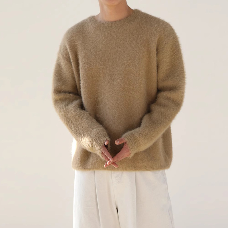 Mohair Solid Color Men's Sweater Winter Thickened Round Neck Korean Style Loose Soft Waxy Sweater Trendy