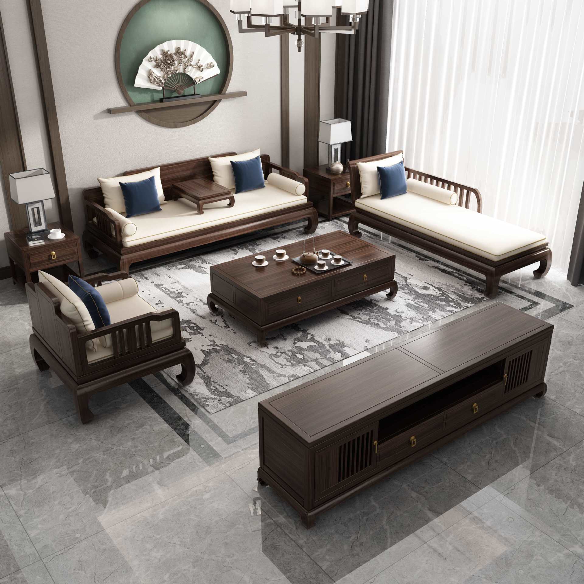 New Chinese Style North American Black Walnut Solid Wood Luohan Bed Chaise Sofa Combination Song Aesthetic Villa Furniture