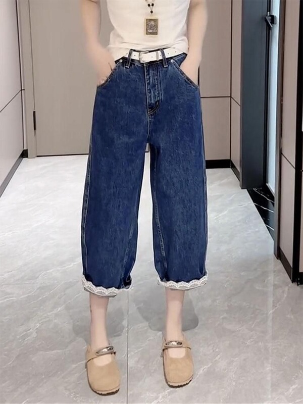 Plus-Size Cropped Harem Jeans for Women, Summer Thin Style, Loose High-Waisted, Slimming Straight Wide-Leg Pants for Petite and Curvy Figures Plus-Size Cropped Harem Jeans for Women, Summer Thin Style, Loose High-Waisted, Slimming Straight Wide-Leg Pants for Petite and Curvy Figures