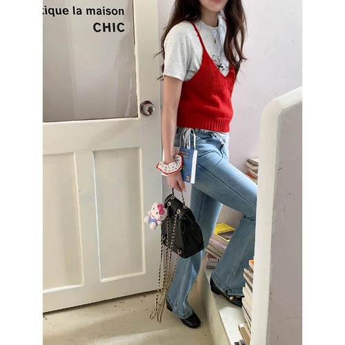 3th Morning Layered Korean Style V-Neck Fitted Short Knit Camisole ZY2833