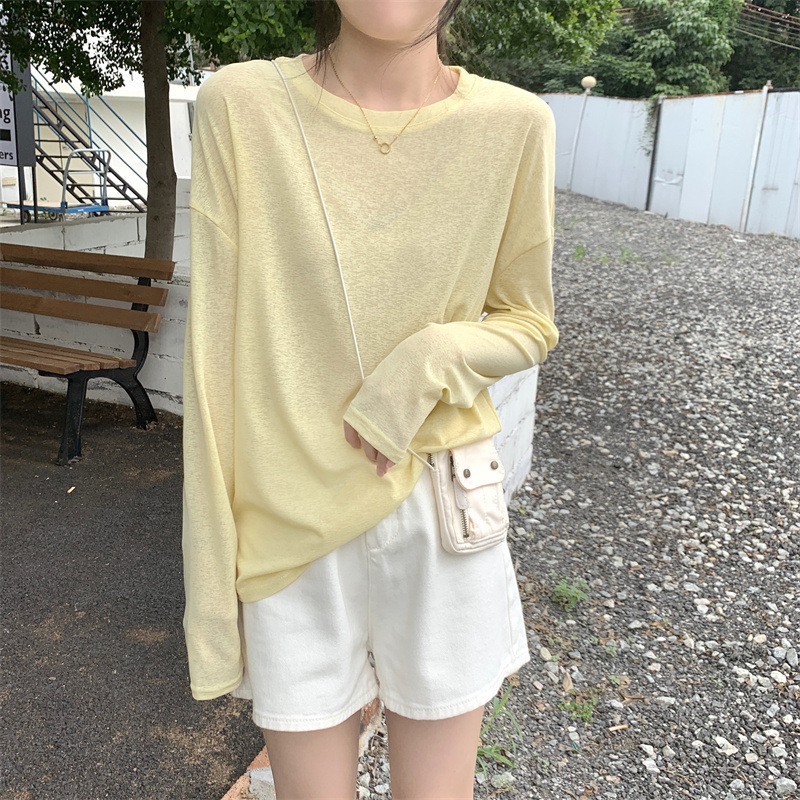Summer Thin Long-Sleeved Sun Protection Blouse T-Shirt for Women Korean Style Loose Outer Wear with Simple Slightly See-Through Air-Conditioned Top