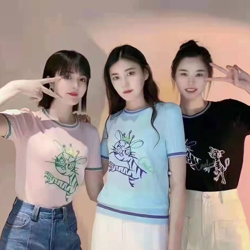 Áo thun ngắn tay nữ dệt kim lụa băng mỏng thêu kim cương họa tiết hổ — Đen (một con hổ)