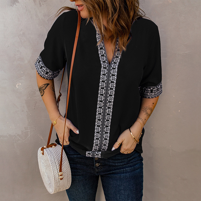 Shiying New Style Women's Half-Sleeve V-Neck Pullover Embroidered Lace Loose Women's Ice Silk Wrinkled Ethnic Style Top for Women