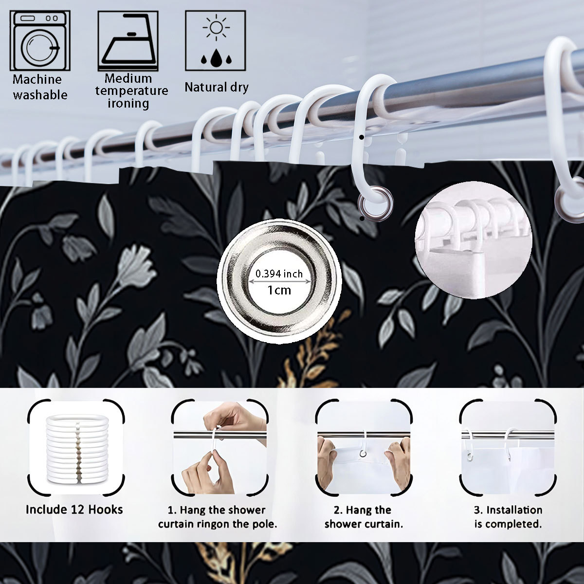 temu cortina de baño de lona impermeable cuatro piezas floral impresión digital poliéster cortina de baño una cortina de partición de cabello
