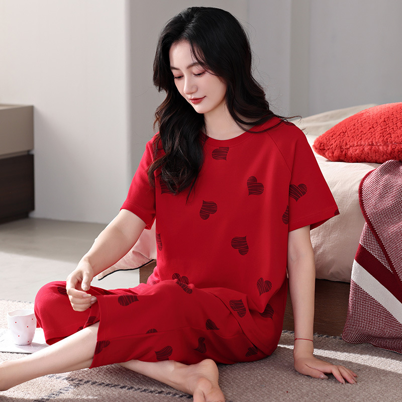 2025 년이 삶의 뱀의 해 잠옷 여성의 붉은 여름 면화 사랑 짧은 소매 플러스 사이즈 통통녀 홈 의류 도매
