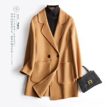 绒狼新款双面呢大衣女西装领中长款气质百搭厚外套纯羊毛上衣大码