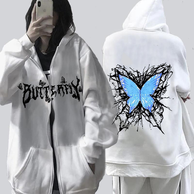 2022 Yeni Trend Fermuarlı Sweatshirt Gotik Stil Kelebek Baskılı Kapüşonlu Polar Ceket_voghion.com