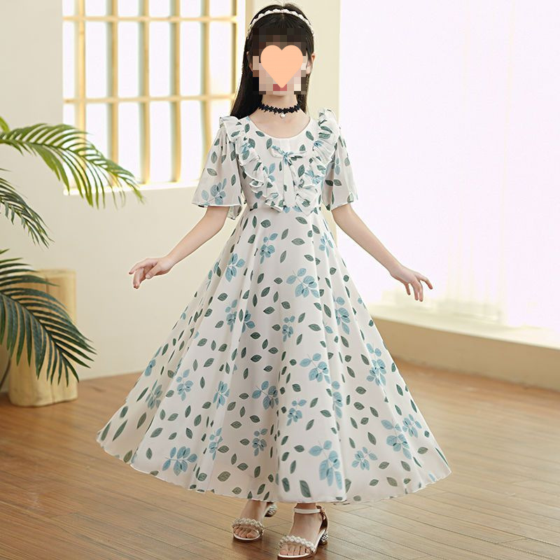 Korean Style Children's Clothing Girls Chiffon Skirt Summer 2025 New Style Medium and Large Children's Style Floral Beach Skirt Girl Dress