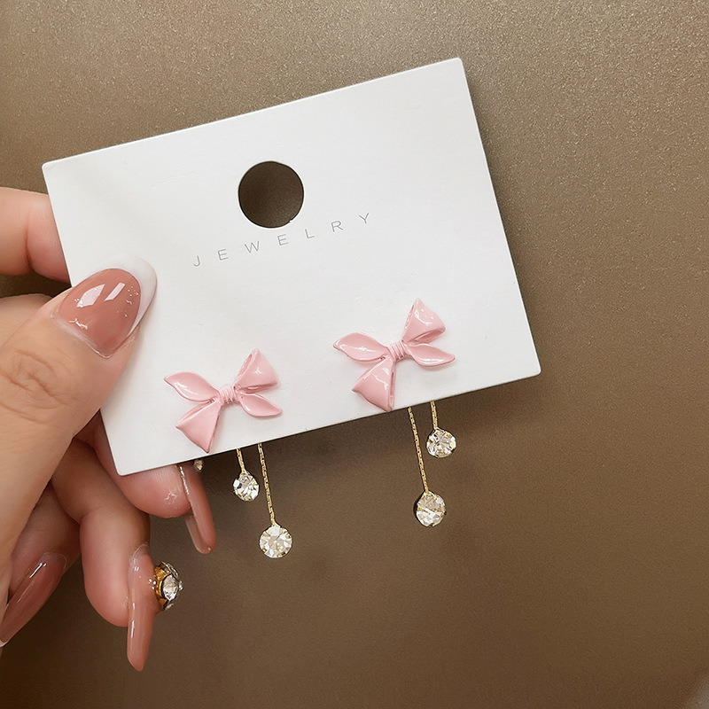 Corea 2024 nuevo estilo rosa bowknot borla aretes mujer temperamento largo diamantes de imitación aretes dulces aretes
