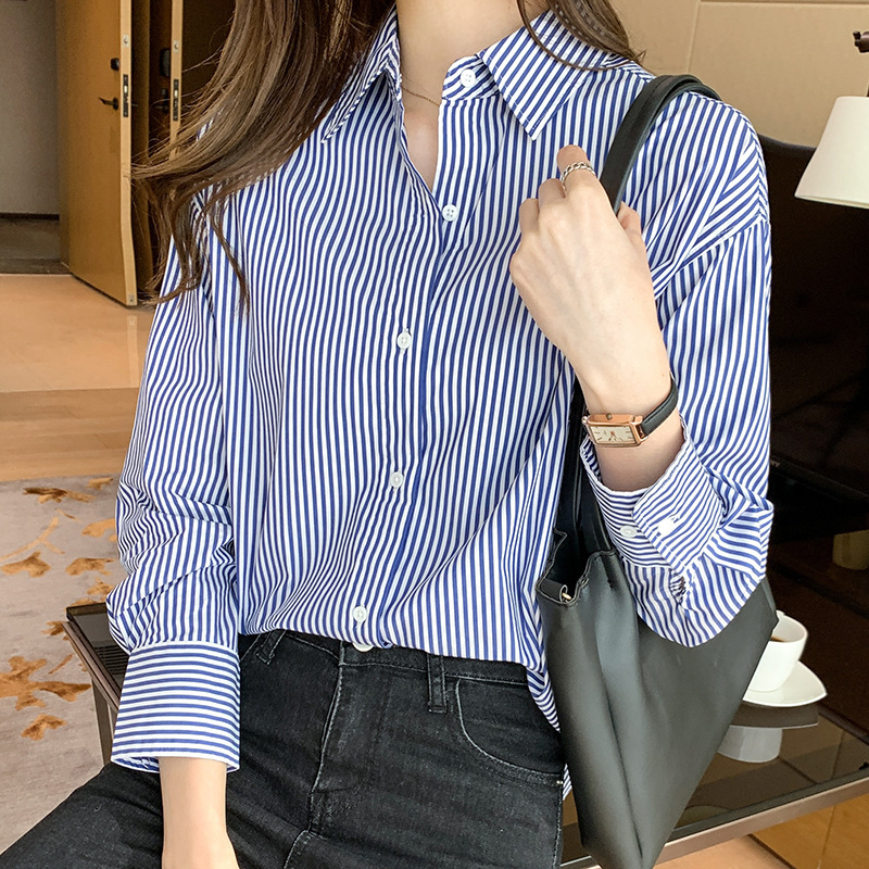 Real Shot of Striped Shirts for Women 2023 Spring New Korean Style Loose Inner Wear and Outer Wear Professional Shirts Versatile Cotton Tops