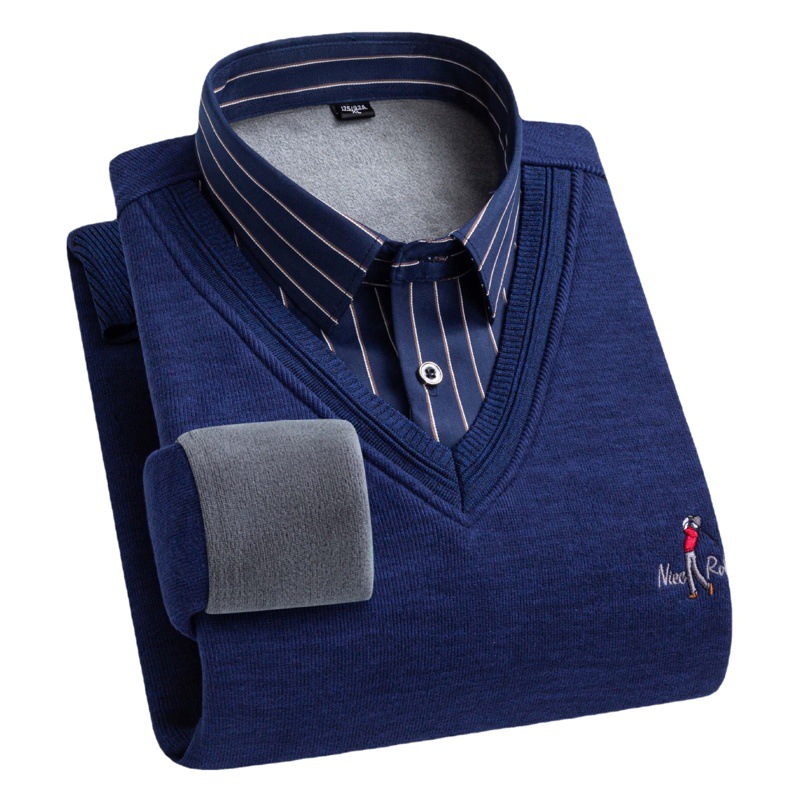Autumn and Winter Men's fleece-lined Thickened Fake Two-piece Shirt V-neck Warm Pullover Sweater Base-layer Sweater Sweater Sweater