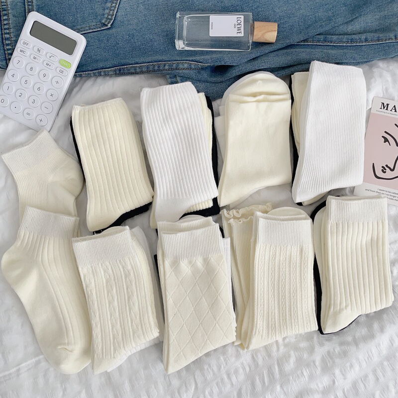 White Socks Four Seasons Women's Mid-length Socks Ins Trendy Vertical Stripes Solid Color All-match Japanese Style Simple Stacked Socks White Socks Four Seasons Women's Mid-length Socks Ins Trendy Vertical Stripes Solid Color All-match Japanese Style Simple Stacked Socks