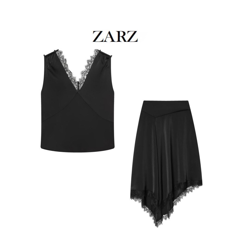 Zarz Self-Made European and American Style New Women's Clothing, Stylish Lace-Trimmed Top, Asymmetrical Lace-Trimmed Skirt