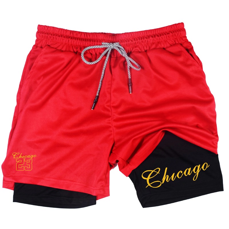 2D Printed 2-in-1 Running Shorts Men's Compression Shorts with Mobile Phone Pocket Summer Sports Shorts