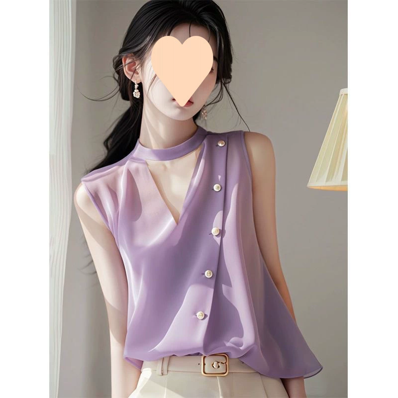 Тонкая и высококачественная шифоновая рубашка в корейском стиле, топ 2025, рубашка без рукавов с воротником-стойкой во французском стиле для женщин, которые можно носить на улице летом