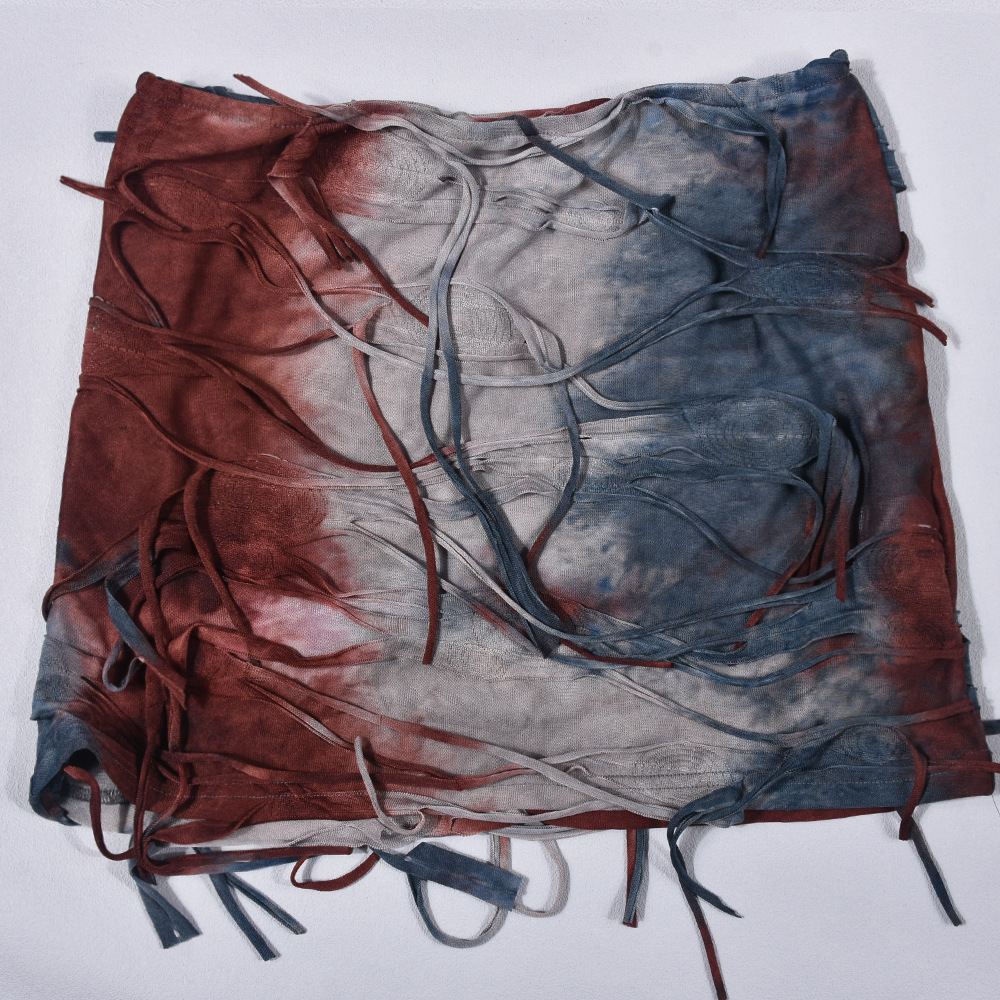 Tassel Ripped Contrast Color Sexy Cropped Tie Dyed Wansheng Set for Women