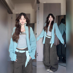 蓝色坑条毛衣女25秋季韩系chic慵懒高级感气质绝美减龄软糯外套