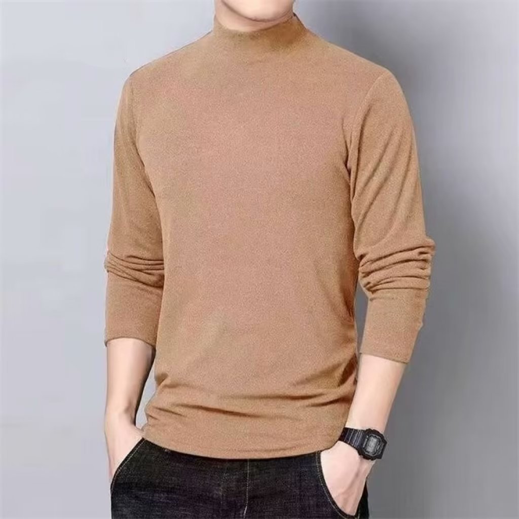 Fleece Half-high Collar Long-sleeved T-shirt Men's Autumn and Winter Slim-fit Solid Color Fashionable Clothes Thermal Underwear Base Shirt Men's T-shirt