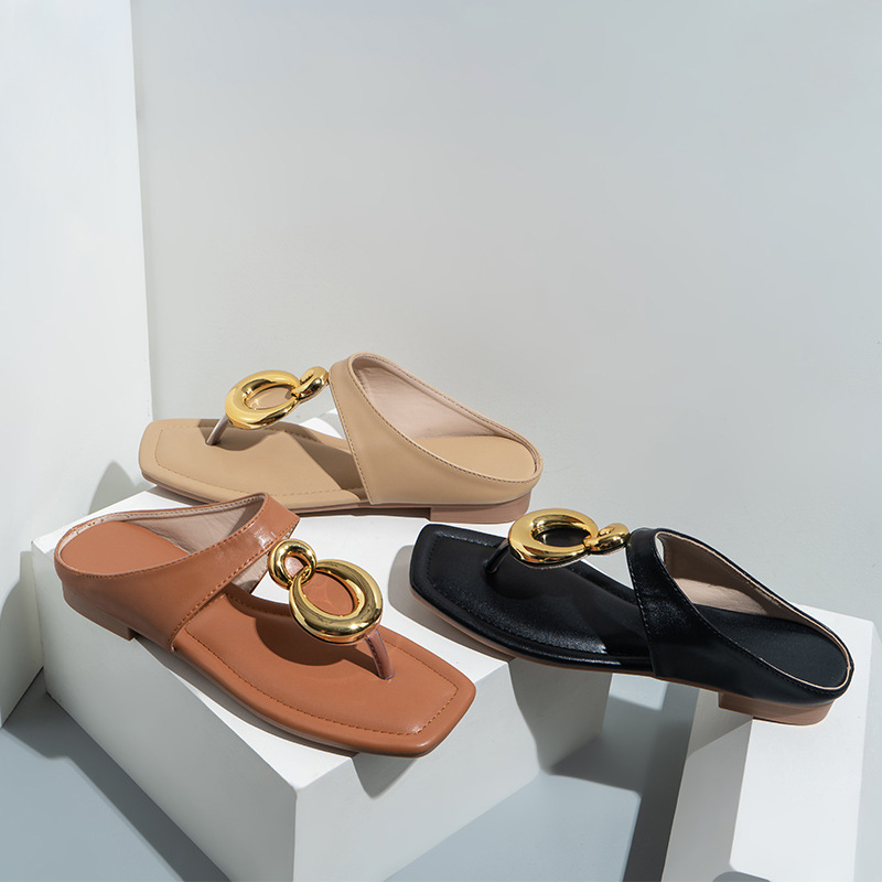 Cross Border New Fashion fibbia rotonda infradito sandali piatti da donna sandali da ragazza pantofole con tacco a una linea_voghion.com