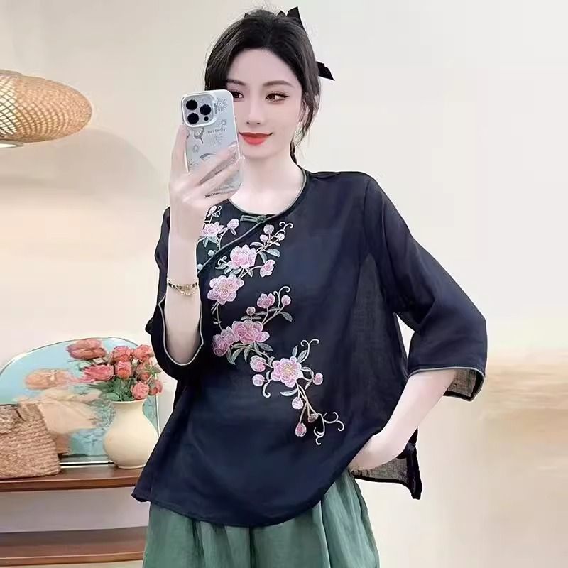 Summer Clothing Featuring A Retro, Ethnic Style With Short Sleeves And A Round Collar; Made Of Cotton-Linen Fabric. Also_ecoleips.com