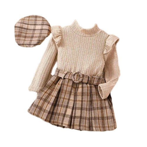 Stipendio del tesoro abbigliamento per bambini ragazze autunno e inverno cappello con cintura gonna a pieghe scozzese a maniche lunghe lavorato a maglia_voghion.com