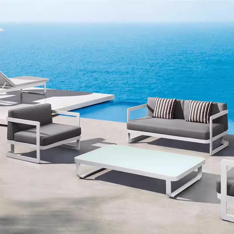 Sofá de aleación de aluminio al aire libre, villa de jardín, hotel, protección solar, impermeable, ocio, balcón al aire libre, combinación de muebles de acero inoxidable