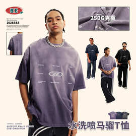 BE男装|2025夏季美式潮牌复古水洗圆领短袖男女同款设计款休闲T恤