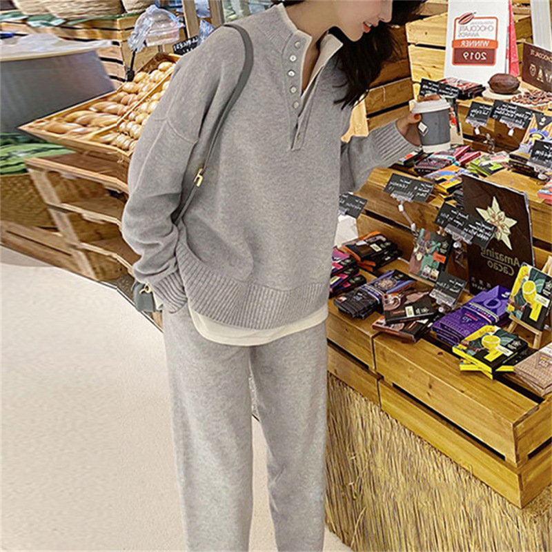 Damenbekleidung High-End-Mode im französischen Stil, lässiger Strickanzug für Damen, Herbst und Winter, lockerer zweiteiliger Hosenanzug mit weitem Bein, zweiteiliger Pullover-Trend_voghion.com