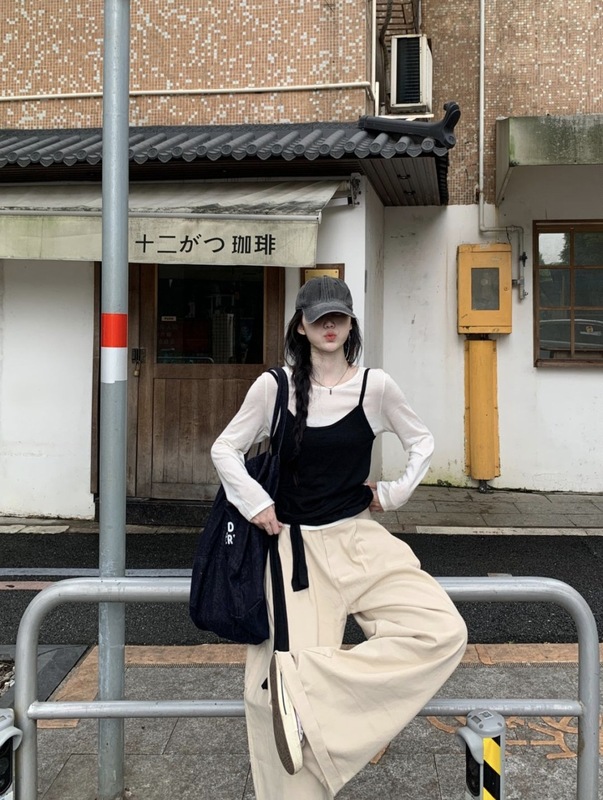 韩系撞色拼接吊带长袖t恤女早秋季设计感小众绑带收腰上衣两件套|undefined