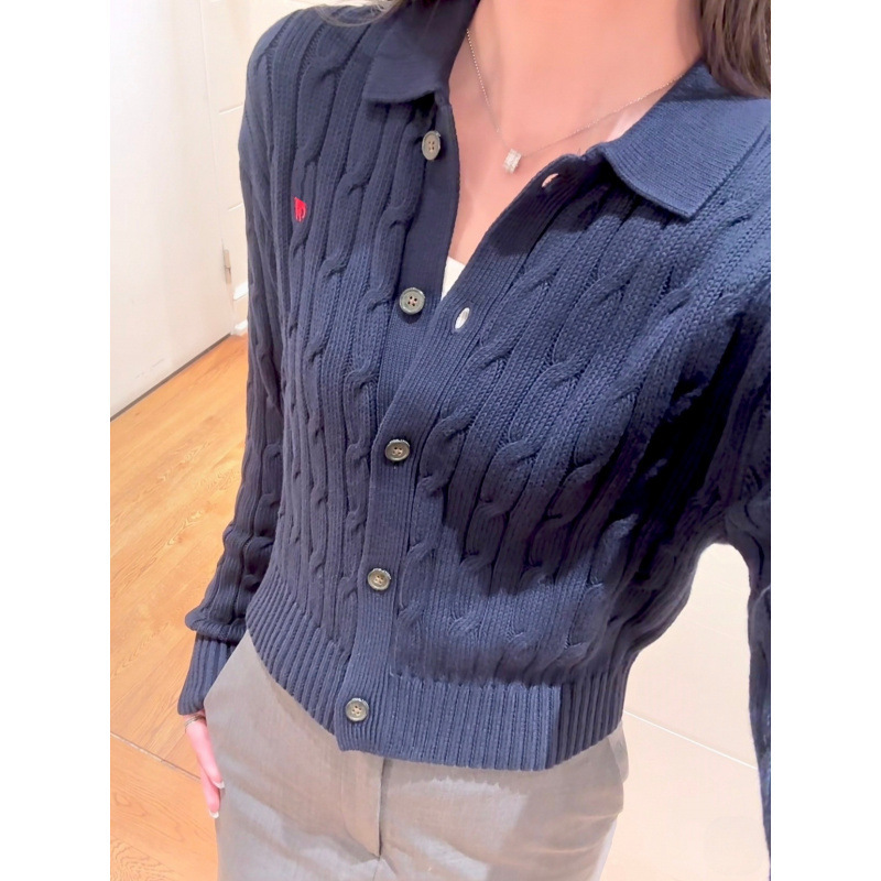 Nanyou 2026 autumn/winter stylish design polo collar long-sleeve cable knit cardigan, old money style knit top for women