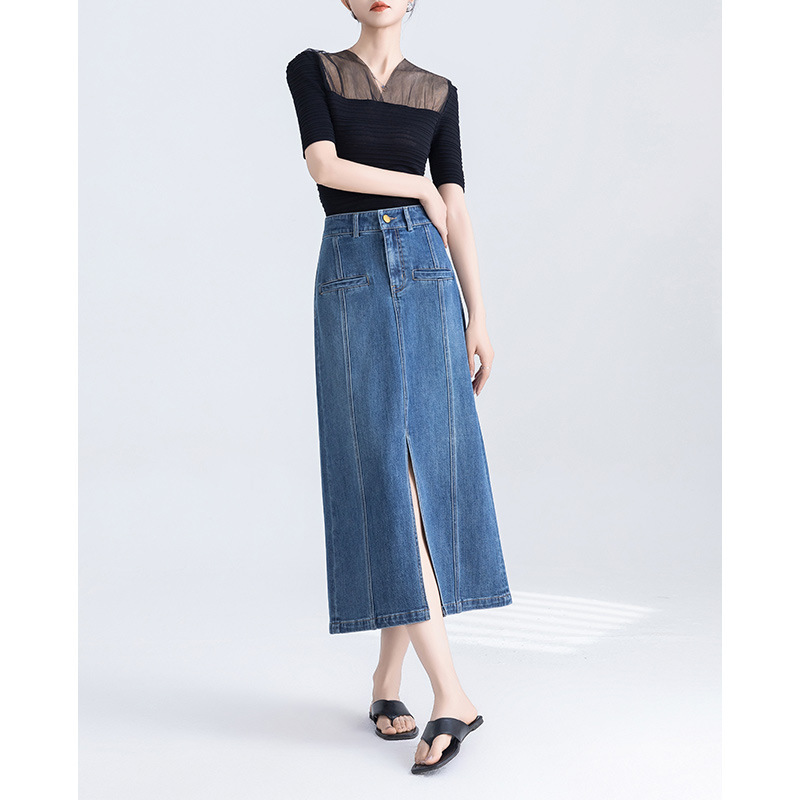 Special Clearance Sale, Sold Out, No Restock: Tencel Cotton Denim Skirt for Women, High-Waisted, Slimming, Front Slit, Mid-Length, Straight Skirt