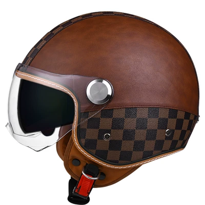 bluetooth helmet electric car half, Motosiklet kaskı (dəbilqə) - checkerboard-brown-short-outside-and-tea-inside-m
