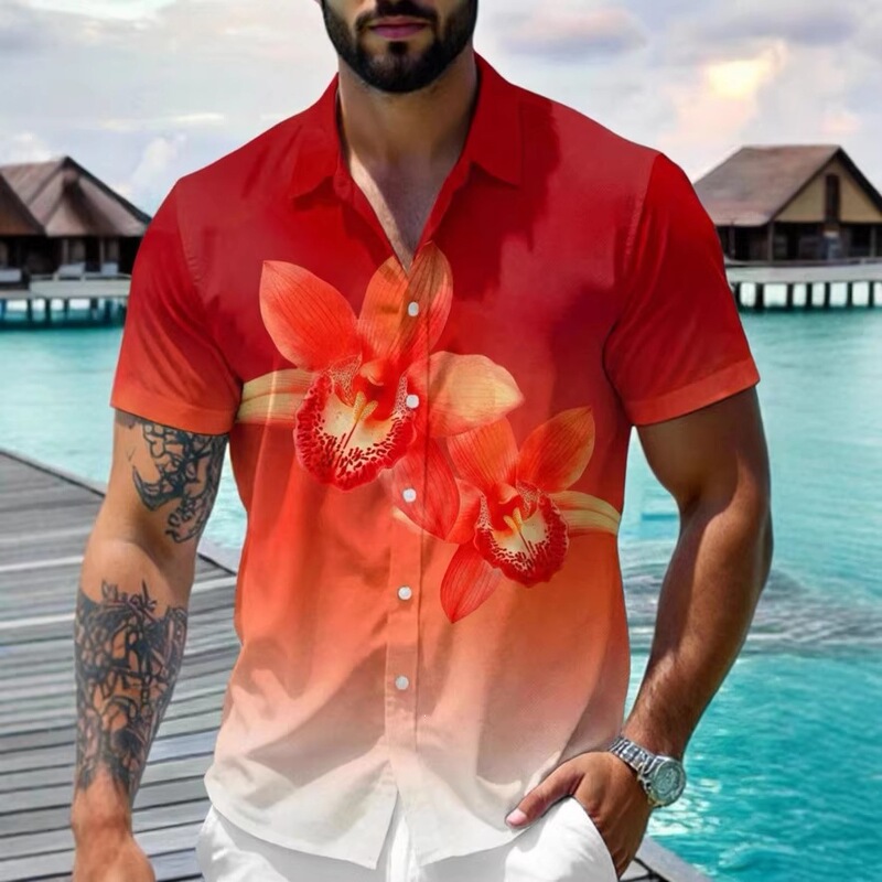 Summer New 3D Printed Men's Short-Sleeved Shirt Hawaiian Style Loose Beach Shirt Retro Casual Floral Shirt