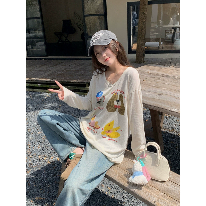 Оригинальная льняная футболка с длинными рукавами и принтом снежинки и животных, женская весенне-осенняя U-образная футболка