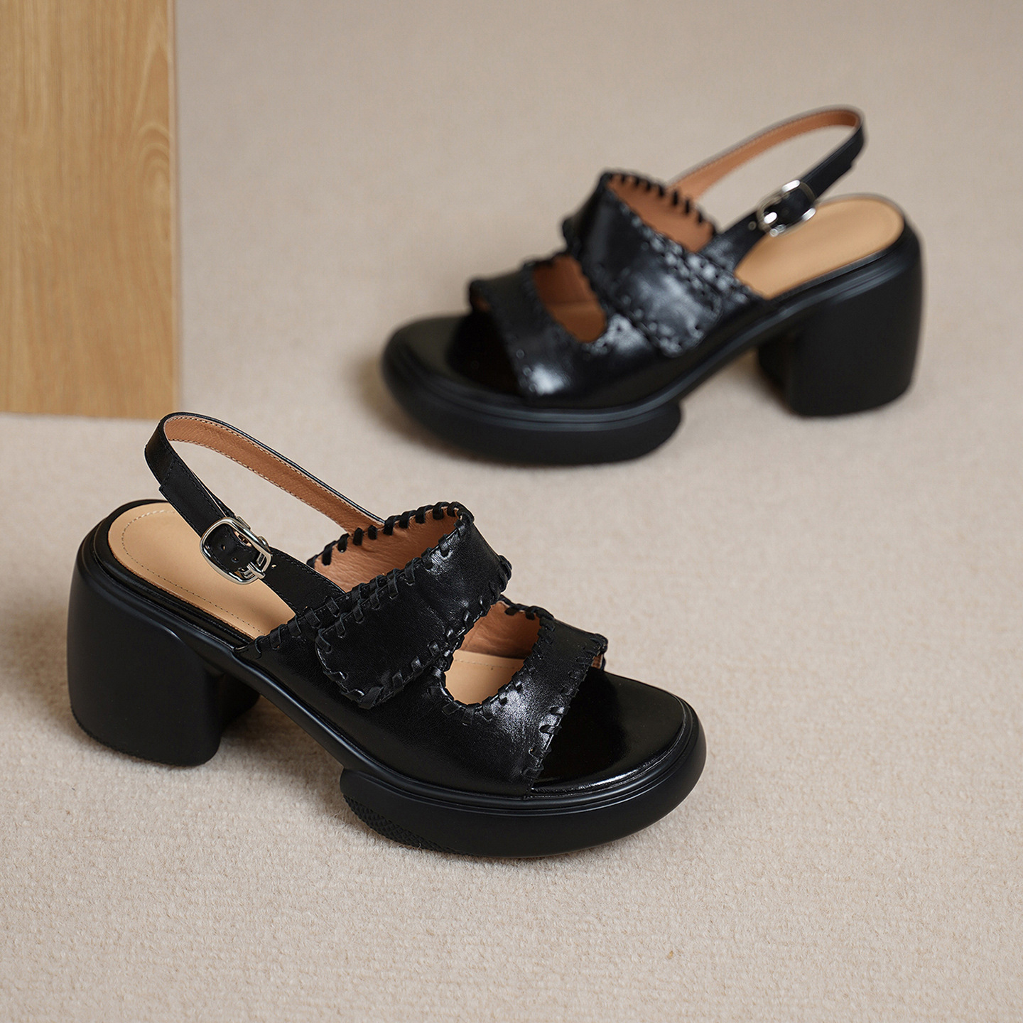 Sandal cao gót nữ hở mũi da bò gót vuông 8 cm đế dày — đen