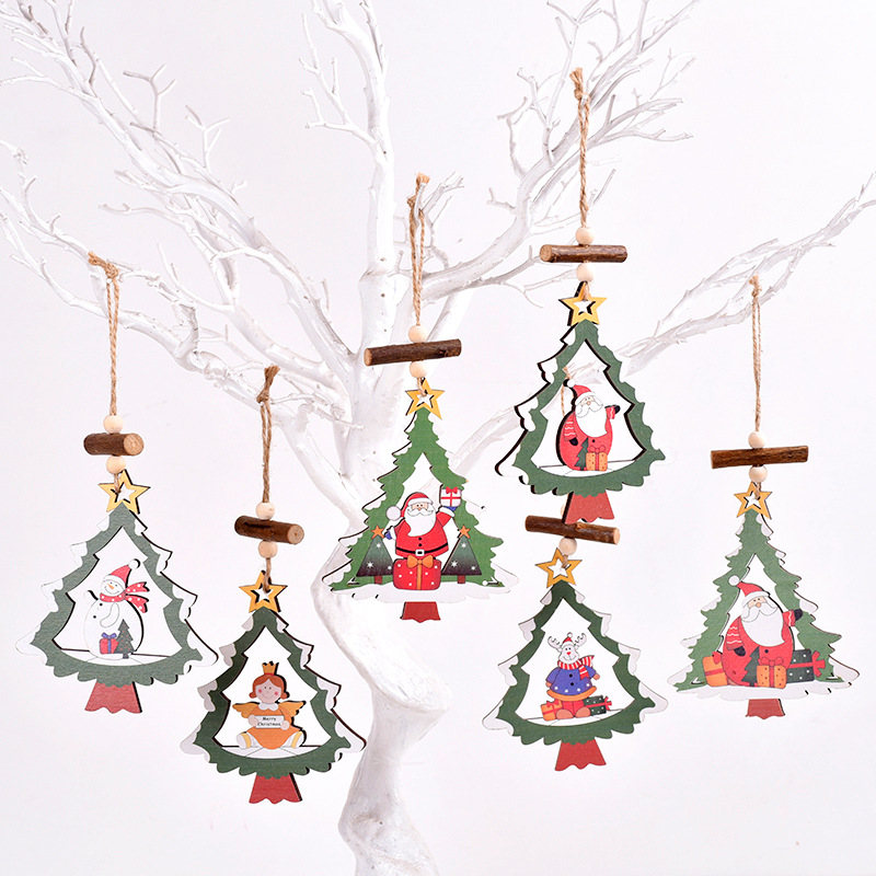 Christmas Decorative Wooden Tree Frame Hollow-Out Pendant: Creative Cartoon Designs Featuring Grandfather, Angels, Snowmen, and Reindeer—Perfect for Hanging on Your Christmas Tree