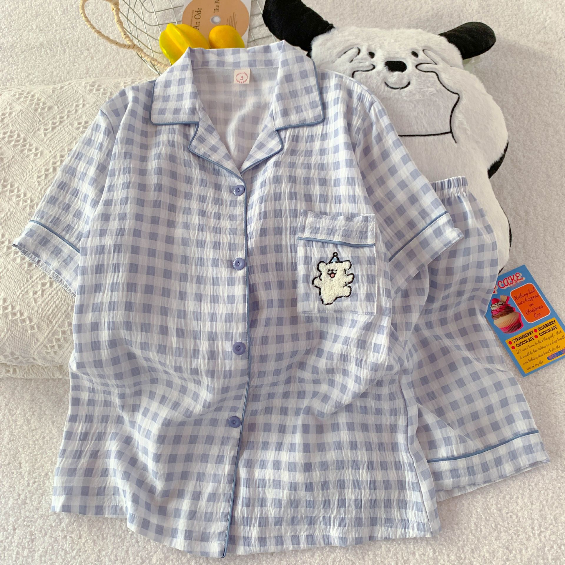 Comercio exterior de Vietnam verano nuevo estilo nube rebeca de algodón solapa dulce pijama de dibujos animados pantalones cortos de manga corta traje de servicio a domicilio para mujer
