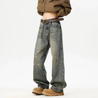 美式复古水洗破洞牛仔裤男款潮牌直筒高街猫须宽松休闲阔腿长裤子